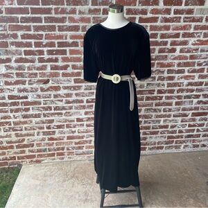Vintage 80s 90s Black Velour Sort Sleeve Maxi Dress Caftan
